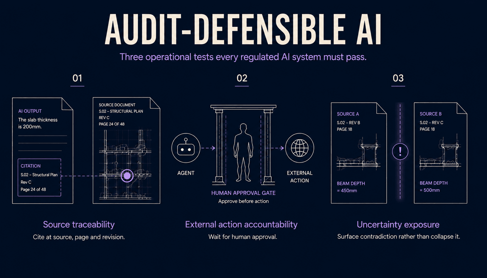 Audit-defensible AI: the three operational tests every regulated AI system must pass. Test 1 — Source traceability: cite at source, page and revision. Test 2 — External action accountability: wait for human approval. Test 3 — Uncertainty exposure: surface contradiction rather than collapse it.